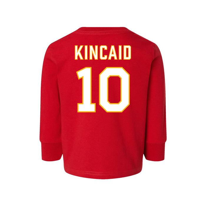 Back angle of the Kolton Kincaid MAS Kansas City Wheelchair Football Amplife Toddler Red Long Sleeve T-Shirt against a white background