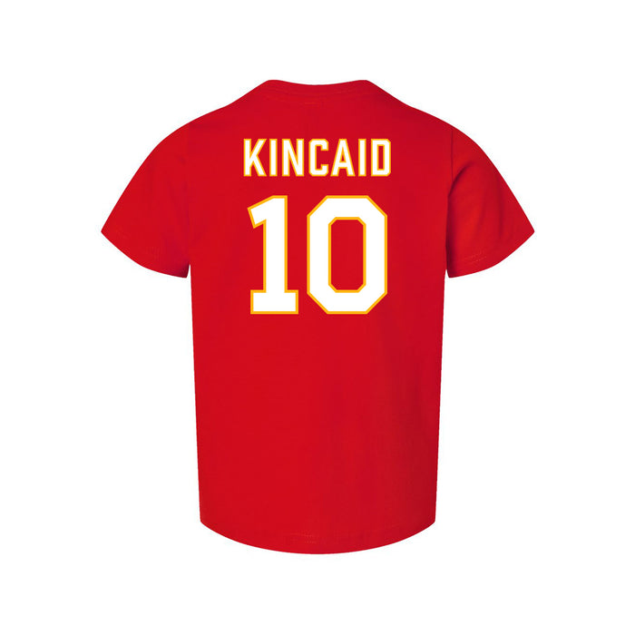Back angle of the Kolton Kincaid MAS Kansas City Wheelchair Football Amplife Toddler Red T-Shirt against a white background