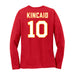 Back angle of the Kolton Kincaid MAS Kansas City Wheelchair Football Amplife Women's Red Long Sleeve T-Shirt against a white background