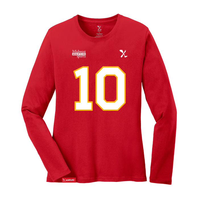 Front angle of the Kolton Kincaid MAS Kansas City Wheelchair Football Amplife Women's Red Long Sleeve T-Shirt against a white background