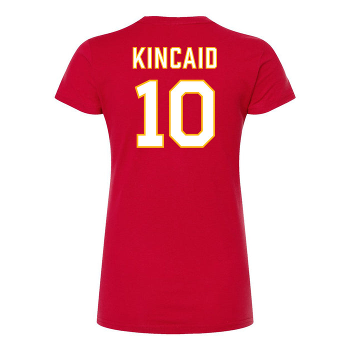 Back angle of the Kolton Kincaid MAS Kansas City Wheelchair Football Amplife Women's Red Slim T-Shirt against a white background