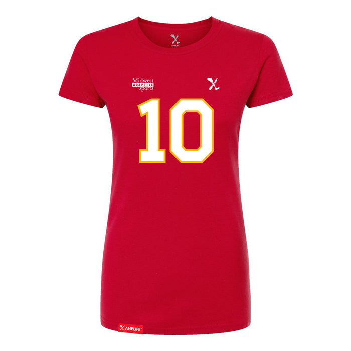 Front angle of the Kolton Kincaid MAS Kansas City Wheelchair Football Amplife Women's Red Slim T-Shirt against a white background