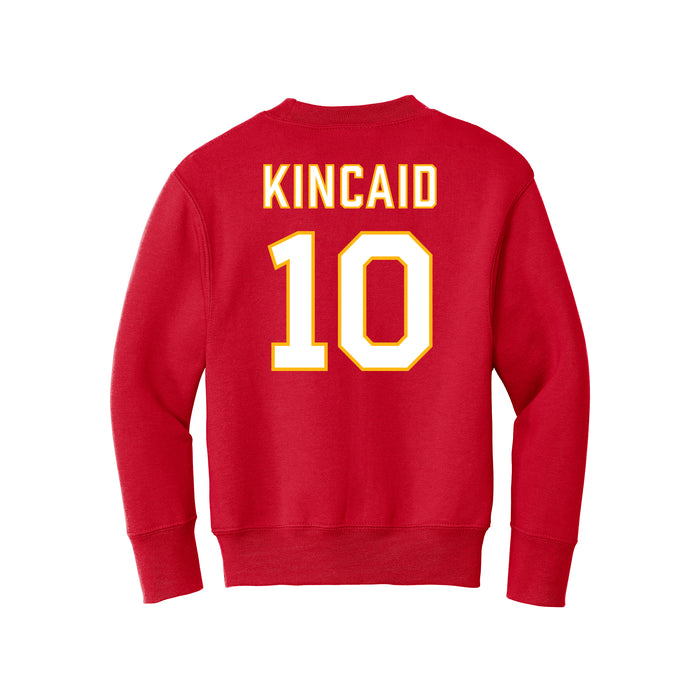 Back angle of the Kolton Kincaid MAS Kansas City Wheelchair Football Amplife Youth Red Crewneck Sweatshirt against a white background