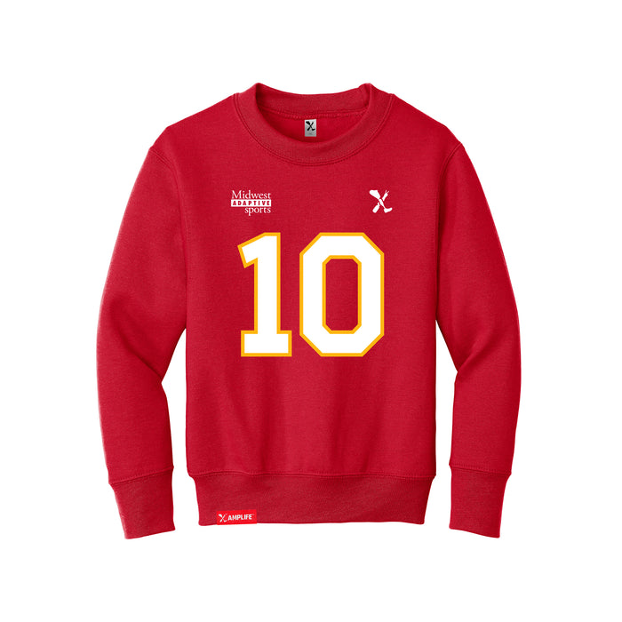 Front angle of the Kolton Kincaid MAS Kansas City Wheelchair Football Amplife Youth Red Crewneck Sweatshirt against a white background