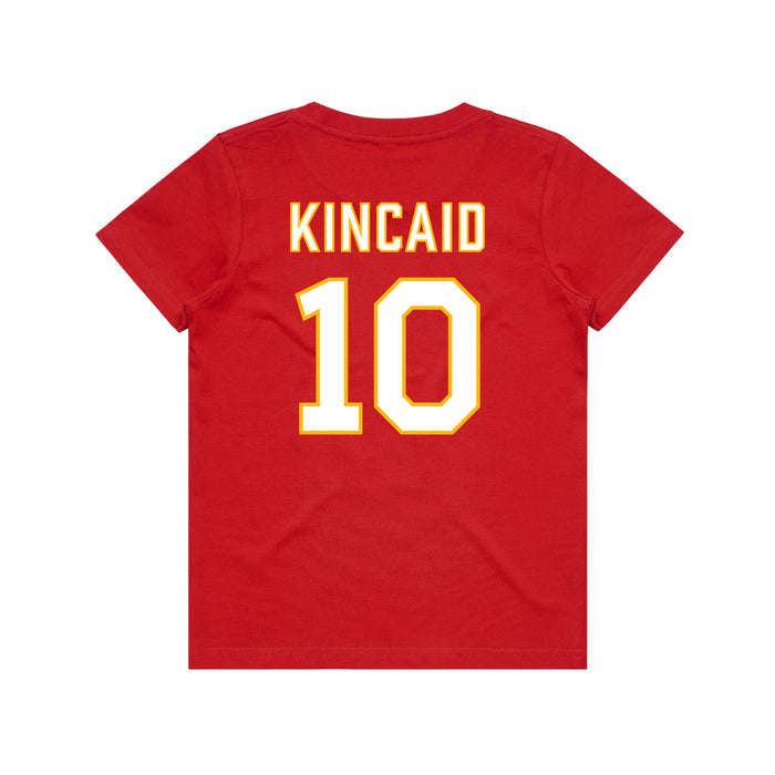 Back angle of the Kolton Kincaid MAS Kansas City Wheelchair Football Amplife Youth Red T-Shirt against a white background