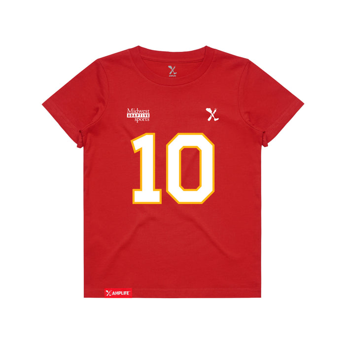 Front angle of the Kolton Kincaid MAS Kansas City Wheelchair Football Amplife Youth Red T-Shirt against a white background