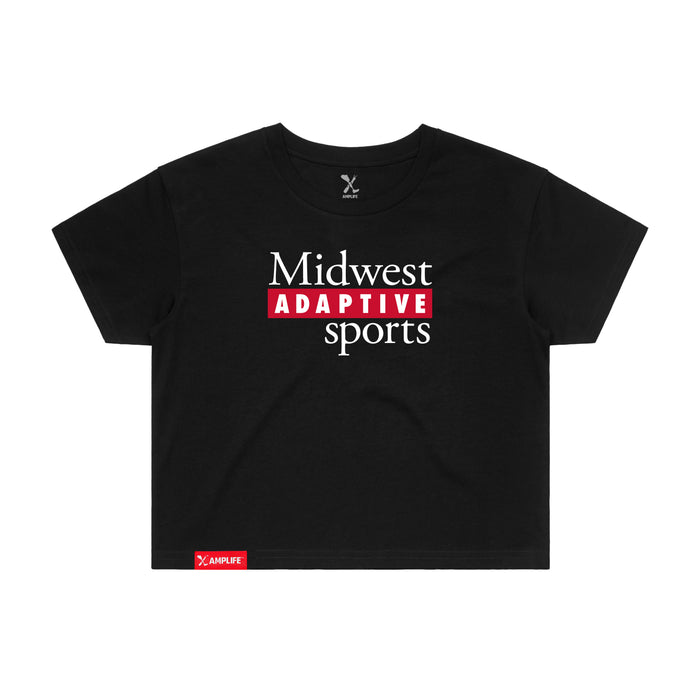 MAS Kansas City Wheelchair Football MAS Logo Women's Black Crop T-Shirt on a white background