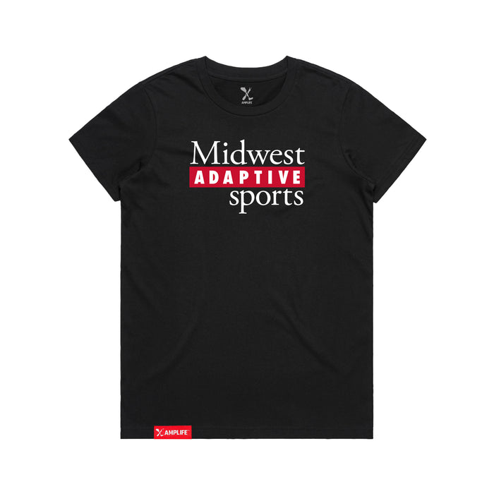 MAS Kansas City Wheelchair Football MAS Logo Women's Black T-Shirt on a white background
