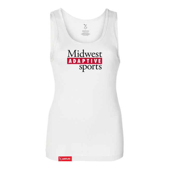 MAS Kansas City Wheelchair Football MAS Logo Women's White Slim Micro Rib Tank Top on a white background