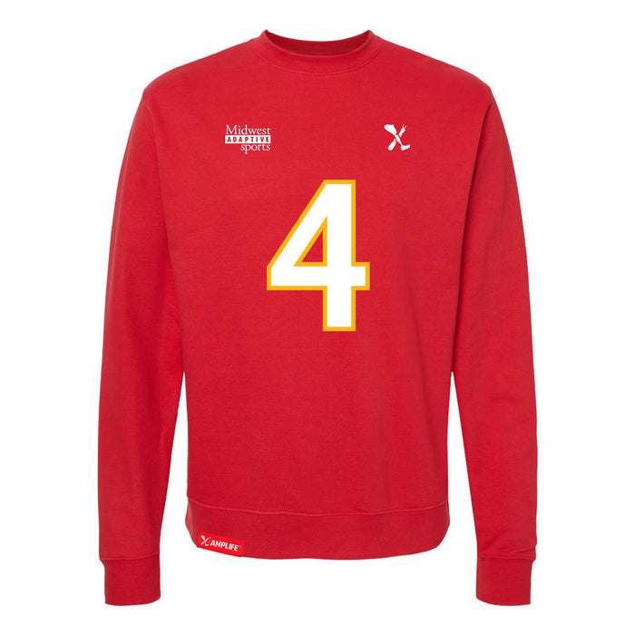 Front angle of the Matt Bollig MAS Kansas City Wheelchair Football Amplife Red Crewneck Sweatshirt against a white background