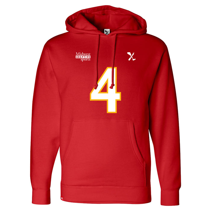 Front angle of the Matt Bollig MAS Kansas City Wheelchair Football Amplife Red Hoodie against a white background
