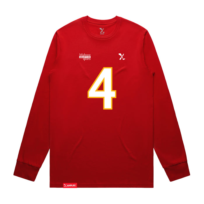Front angle of the Matt Bollig MAS Kansas City Wheelchair Football Amplife Red Long Sleeve T-Shirt against a white background