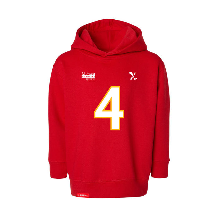 Front angle of the Matt Bollig MAS Kansas City Wheelchair Football Amplife Toddler Red Hoodie against a white background