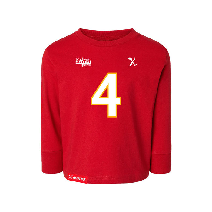 Front angle of the Matt Bollig MAS Kansas City Wheelchair Football Amplife Toddler Red Long Sleeve T-Shirt against a white background