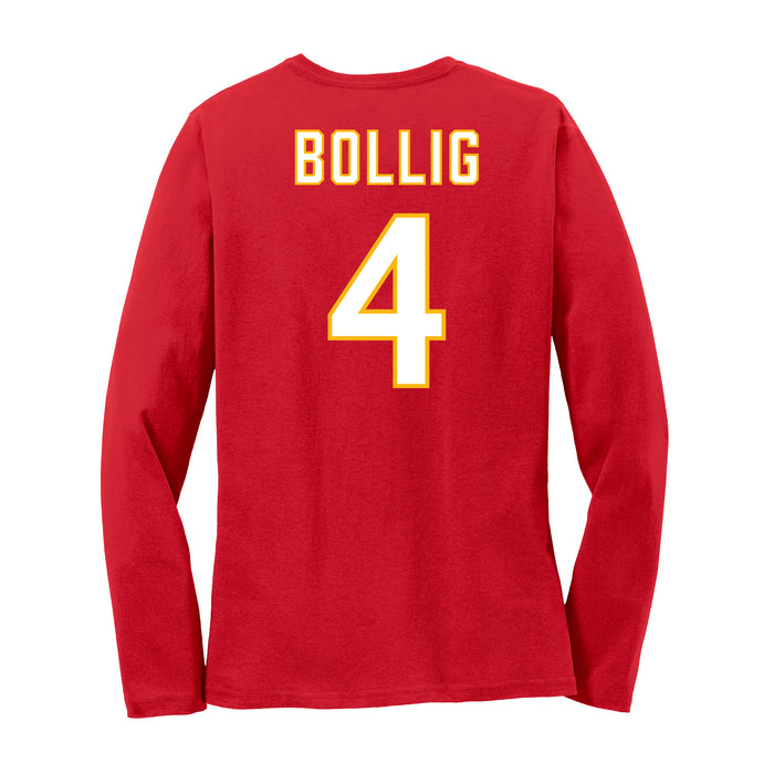 Back angle of the Matt Bollig MAS Kansas City Wheelchair Football Amplife Women's Red Long Sleeve T-Shirt against a white background