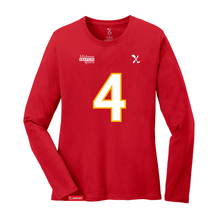Front angle of the Matt Bollig MAS Kansas City Wheelchair Football Amplife Women's Red Long Sleeve T-Shirt against a white background