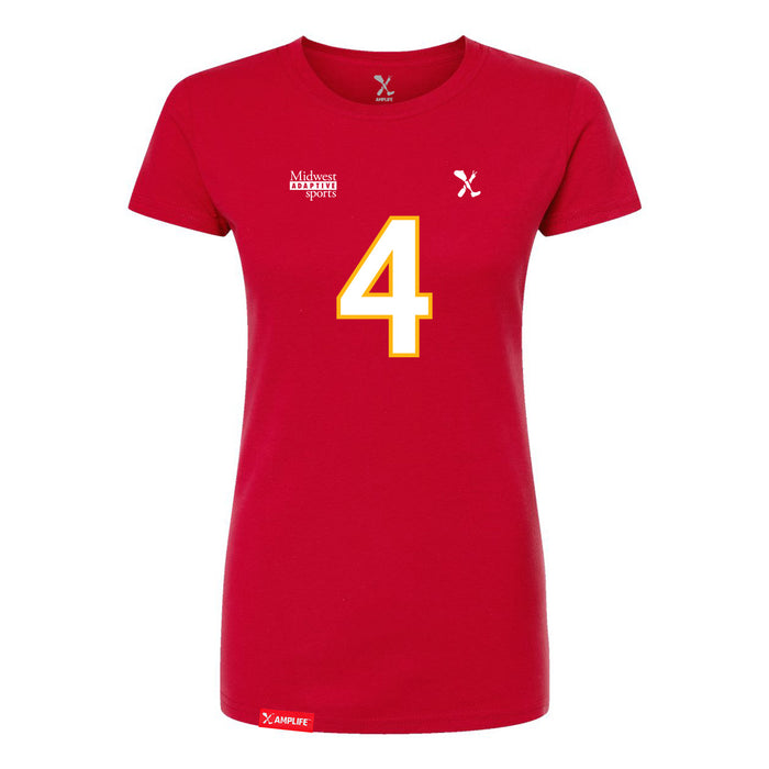 Front angle of the Matt Bollig MAS Kansas City Wheelchair Football Amplife Women's Red Slim T-Shirt against a white background