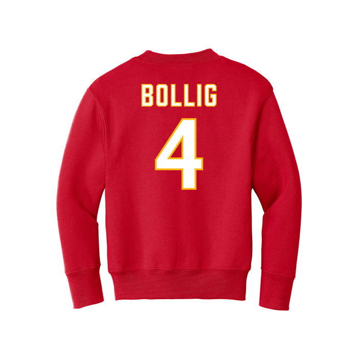 Back angle of the Matt Bollig MAS Kansas City Wheelchair Football Amplife Youth Red Crewneck Sweatshirt against a white background