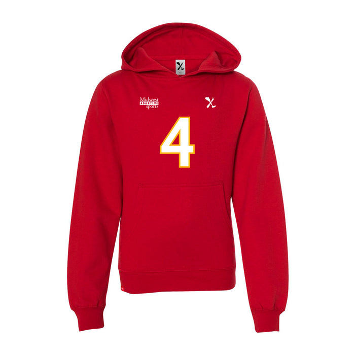 Front angle of the Matt Bollig MAS Kansas City Wheelchair Football Amplife Youth Red Hoodie against a white background