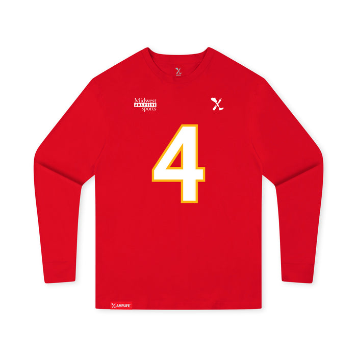 Front angle of the Matt Bollig MAS Kansas City Wheelchair Football Amplife Youth Red Long Sleeve T-Shirt against a white background