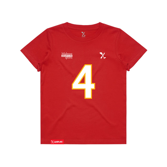 Front angle of the Matt Bollig MAS Kansas City Wheelchair Football Amplife Youth Red T-Shirt against a white background