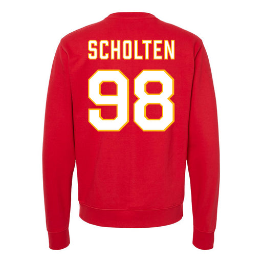 Back angle of the Matthew Scholten MAS Kansas City Wheelchair Football Amplife Red Crewneck Sweatshirt against a white background