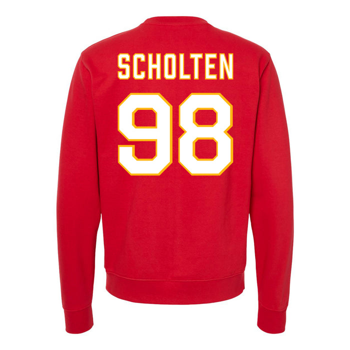 Back angle of the Matthew Scholten MAS Kansas City Wheelchair Football Amplife Red Crewneck Sweatshirt against a white background