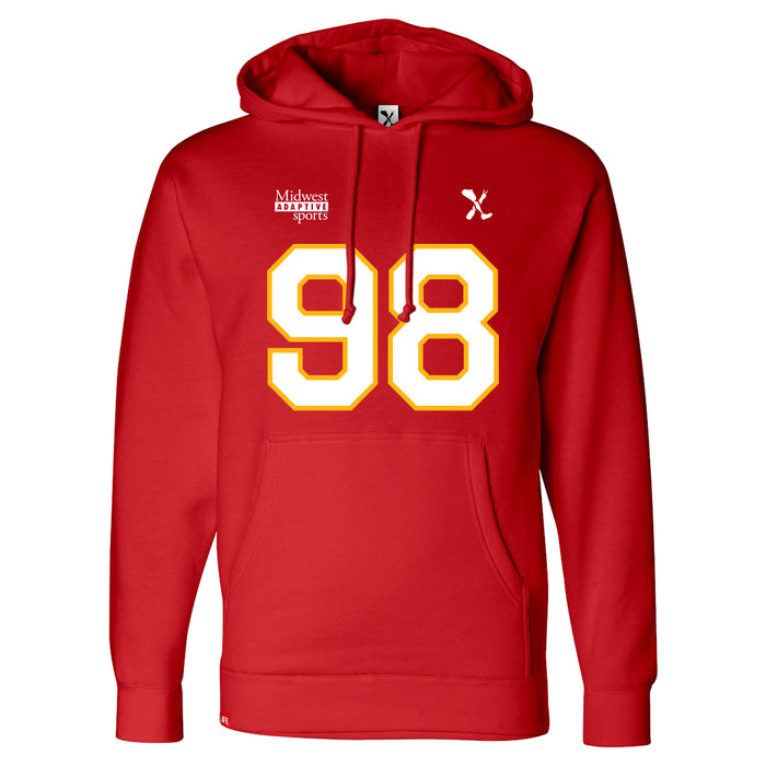 Front angle of the Matthew Scholten MAS Kansas City Wheelchair Football Amplife Red Hoodie against a white background