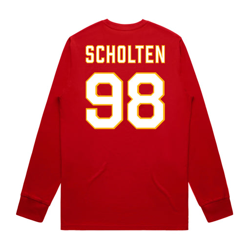 Back angle of the Matthew Scholten MAS Kansas City Wheelchair Football Amplife Red Long Sleeve T-Shirt against a white background