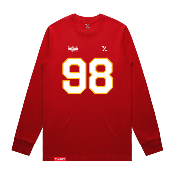 Front angle of the Matthew Scholten MAS Kansas City Wheelchair Football Amplife Red Long Sleeve T-Shirt against a white background