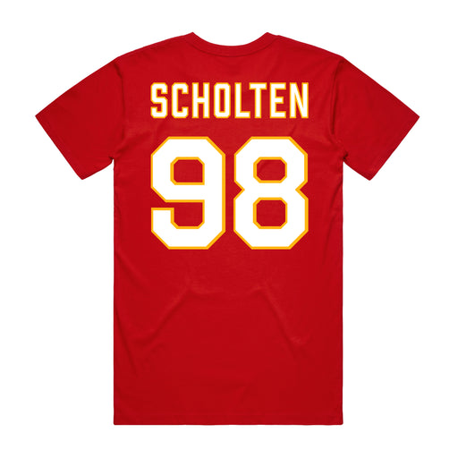 Back angle of the Matthew Scholten MAS Kansas City Wheelchair Football Amplife Red T-Shirt against a white background