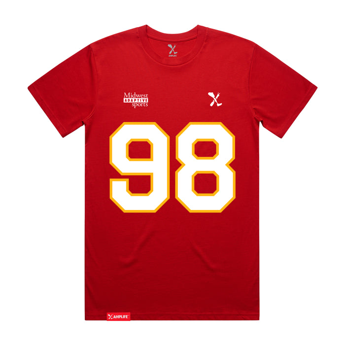 Front angle of the Matthew Scholten MAS Kansas City Wheelchair Football Amplife Red T-Shirt against a white background