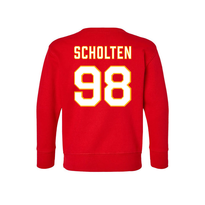 Back angle of the Matthew Scholten MAS Kansas City Wheelchair Football Amplife Toddler Red Crewneck Sweatshirt against a white background