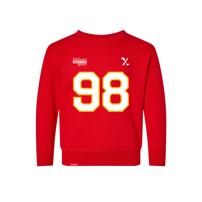 Front angle of the Matthew Scholten MAS Kansas City Wheelchair Football Amplife Toddler Red Crewneck Sweatshirt against a white background