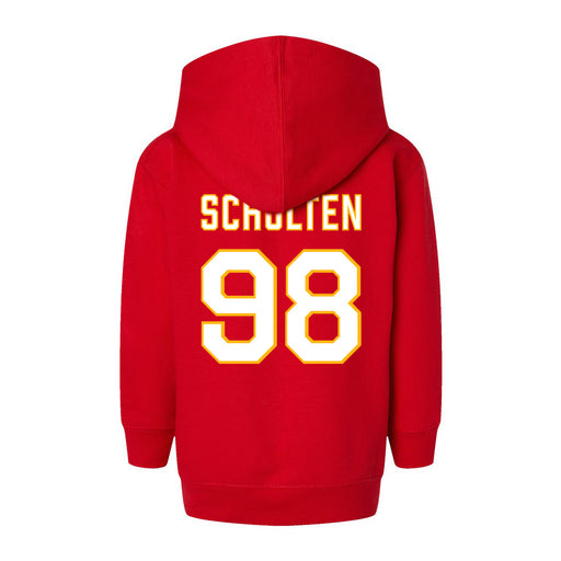 Back angle of the Matthew Scholten MAS Kansas City Wheelchair Football Amplife Toddler Red Hoodie against a white background