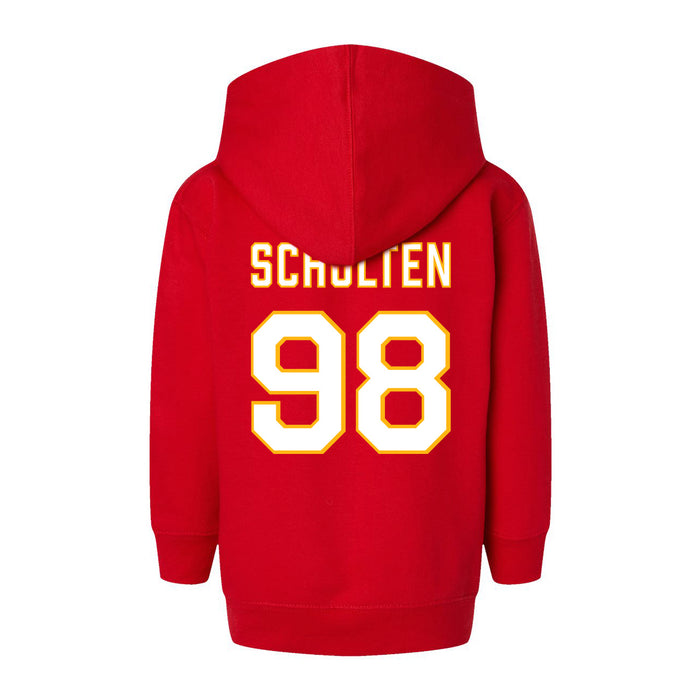 Back angle of the Matthew Scholten MAS Kansas City Wheelchair Football Amplife Toddler Red Hoodie against a white background