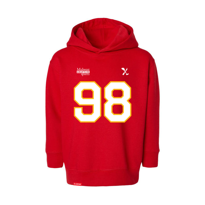 Front angle of the Matthew Scholten MAS Kansas City Wheelchair Football Amplife Toddler Red Hoodie against a white background