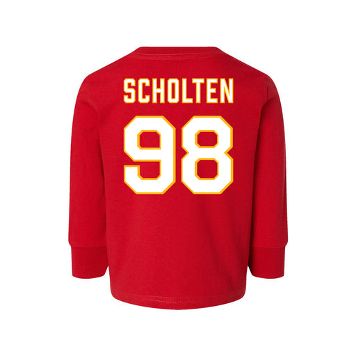 Back angle of the Matthew Scholten MAS Kansas City Wheelchair Football Amplife Toddler Red Long Sleeve T-Shirt against a white background
