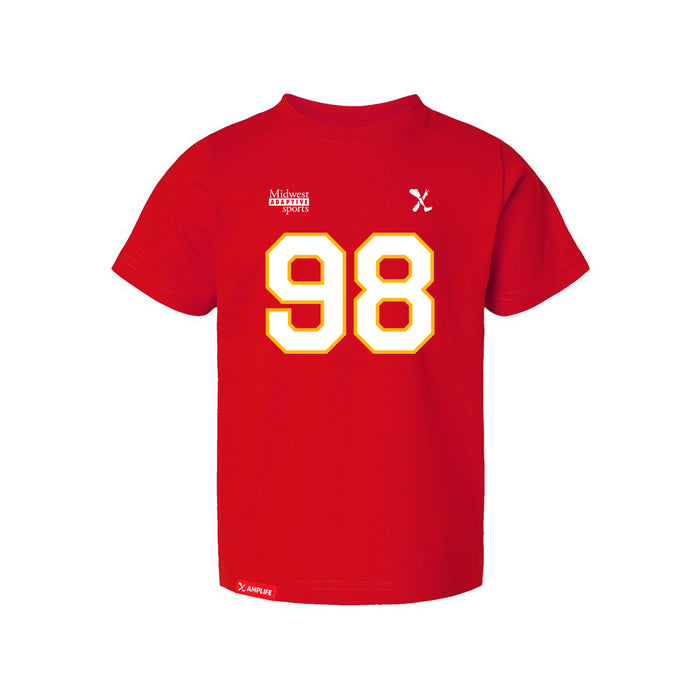Front angle of the Matthew Scholten MAS Kansas City Wheelchair Football Amplife Toddler Red T-Shirt against a white background