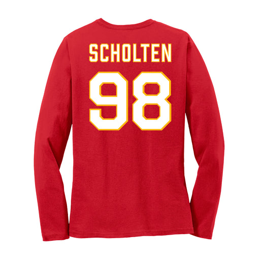 Back angle of the Matthew Scholten MAS Kansas City Wheelchair Football Amplife Women's Red Long Sleeve T-Shirt against a white background
