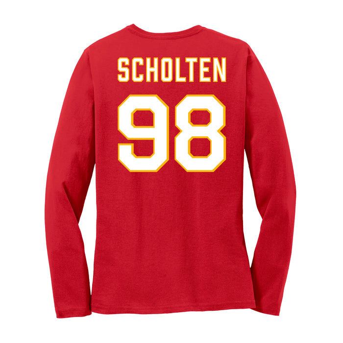 Back angle of the Matthew Scholten MAS Kansas City Wheelchair Football Amplife Women's Red Long Sleeve T-Shirt against a white background