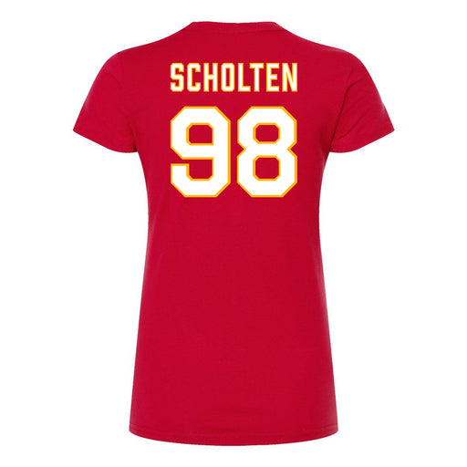 Back angle of the Matthew Scholten MAS Kansas City Wheelchair Football Amplife Women's Red Slim T-Shirt against a white background