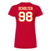Back angle of the Matthew Scholten MAS Kansas City Wheelchair Football Amplife Women's Red Slim T-Shirt against a white background