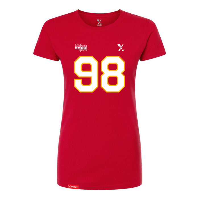 Front angle of the Matthew Scholten MAS Kansas City Wheelchair Football Amplife Women's Red Slim T-Shirt against a white background