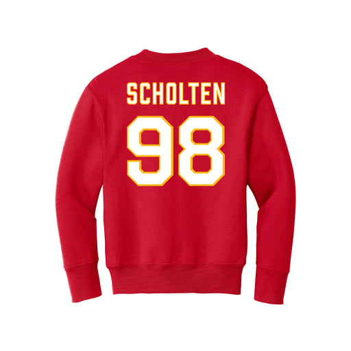 Back angle of the Matthew Scholten MAS Kansas City Wheelchair Football Amplife Youth Red Crewneck Sweatshirt against a white background