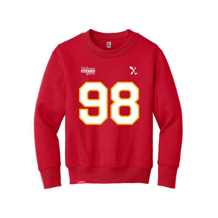 Front angle of the Matthew Scholten MAS Kansas City Wheelchair Football Amplife Youth Red Crewneck Sweatshirt against a white background