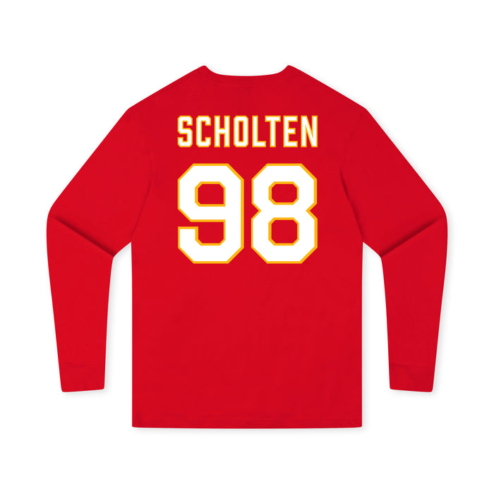 Back angle of the Matthew Scholten MAS Kansas City Wheelchair Football Amplife Youth Red Long Sleeve T-Shirt against a white background