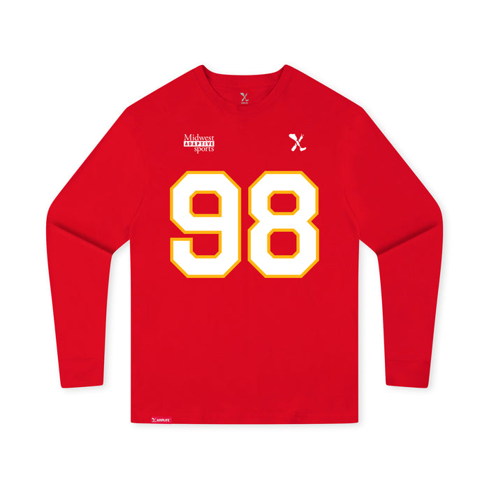 Front angle of the Matthew Scholten MAS Kansas City Wheelchair Football Amplife Youth Red Long Sleeve T-Shirt against a white background