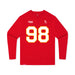 Front angle of the Matthew Scholten MAS Kansas City Wheelchair Football Amplife Youth Red Long Sleeve T-Shirt against a white background