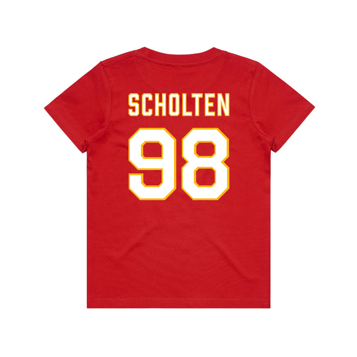 Back angle of the Matthew Scholten MAS Kansas City Wheelchair Football Amplife Youth Red T-Shirt against a white background